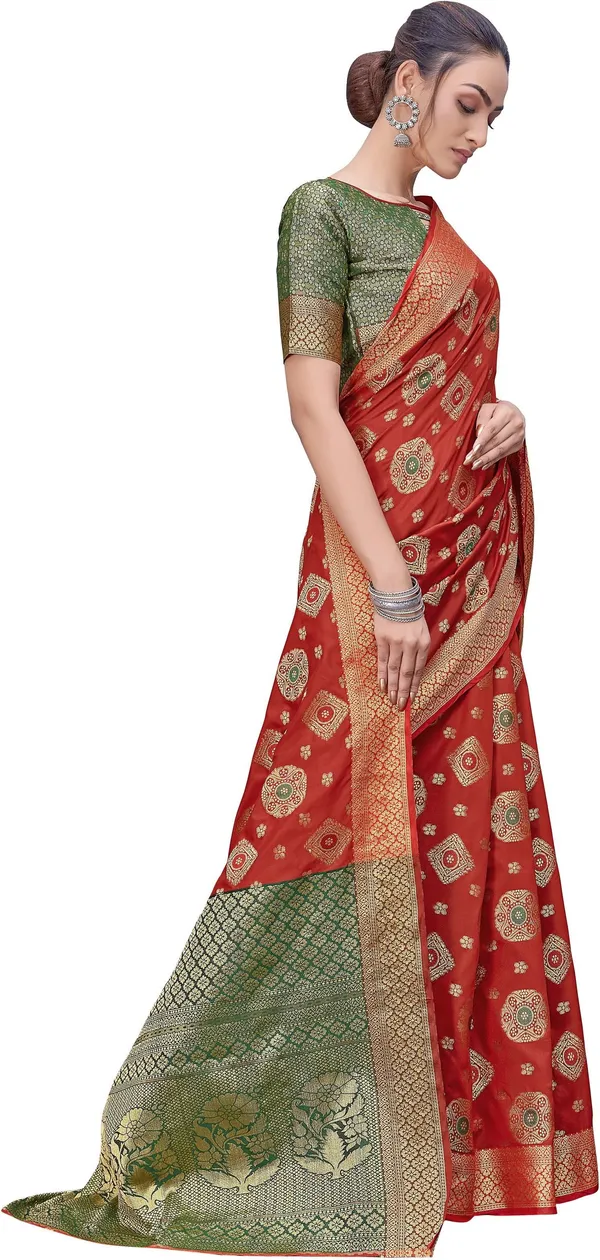 Red_Green_Banarasi_Silk_Blend_Woven_Jacquard_Saree_For_Women_|_With_Blouse_Piece