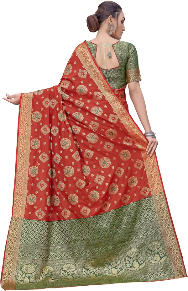 Red_Green_Banarasi_Silk_Blend_Woven_Jacquard_Saree_For_Women_|_With_Blouse_Piece