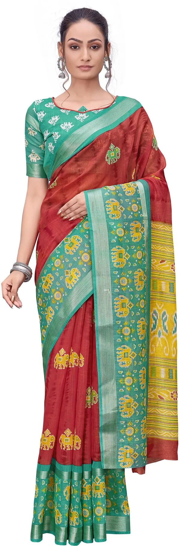 Red_Cotton_Silk_Kalamkari_Shibori_Print_Saree_For_Women_|_With_Blouse_Piece