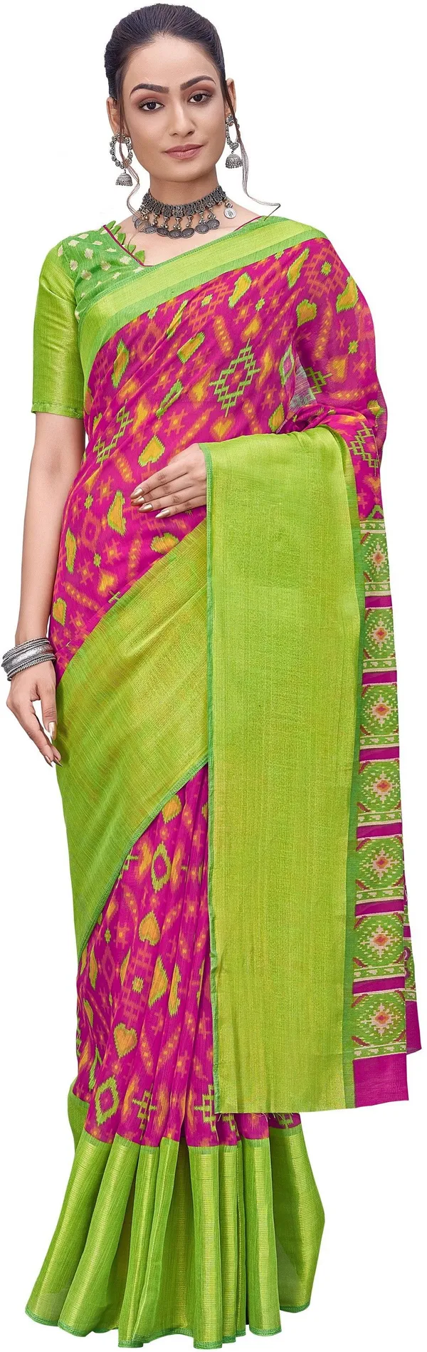 Blue_Pink_Cotton_Silk_Patola_Printed_Zari_Border_Saree_For_Women_|_With_Blouse_Piece