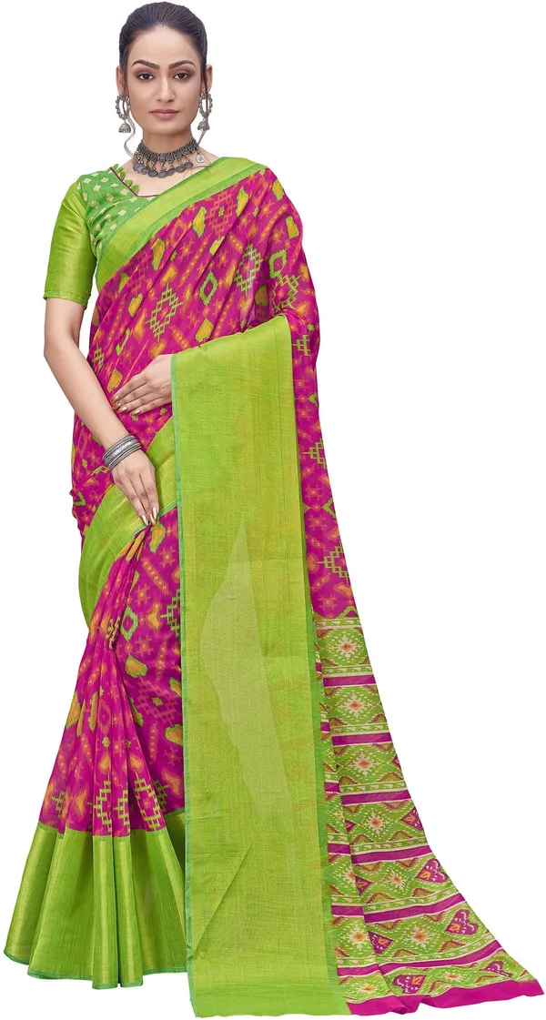 Blue_Pink_Cotton_Silk_Patola_Printed_Zari_Border_Saree_For_Women_|_With_Blouse_Piece