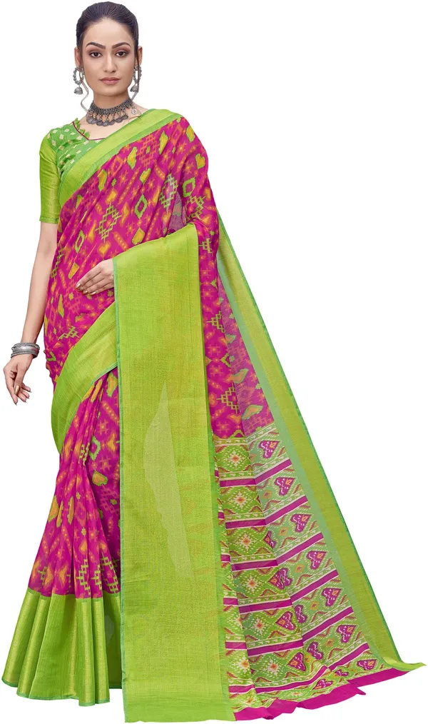 Blue_Pink_Cotton_Silk_Patola_Printed_Zari_Border_Saree_For_Women_|_With_Blouse_Piece