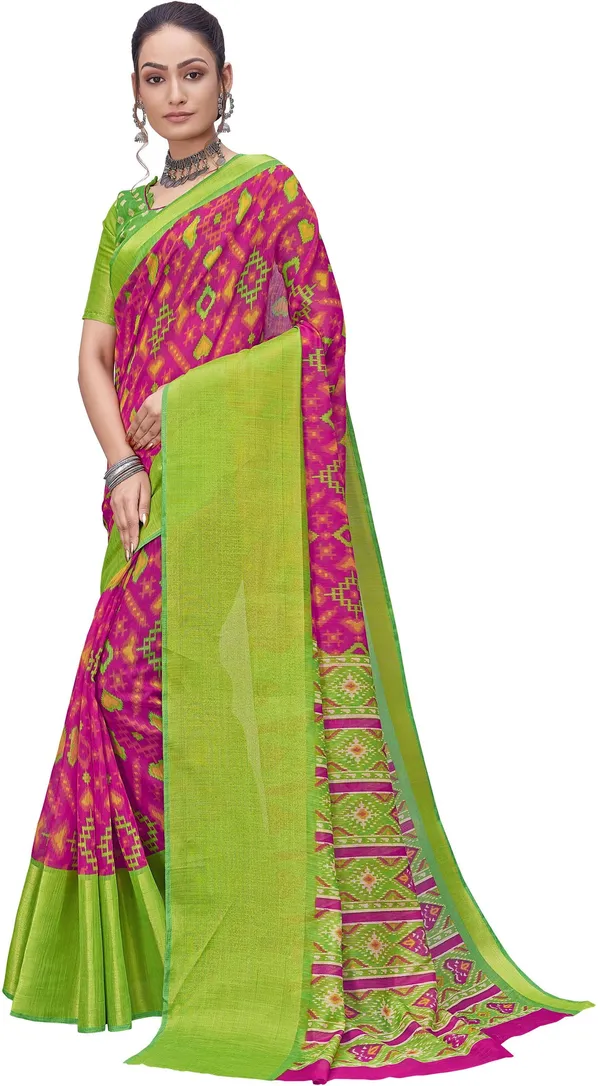 Blue_Pink_Cotton_Silk_Patola_Printed_Zari_Border_Saree_For_Women_|_With_Blouse_Piece