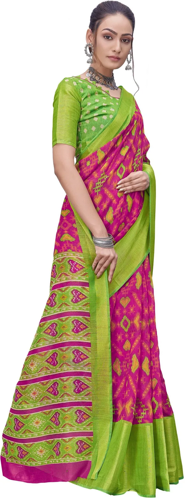 Blue_Pink_Cotton_Silk_Patola_Printed_Zari_Border_Saree_For_Women_|_With_Blouse_Piece