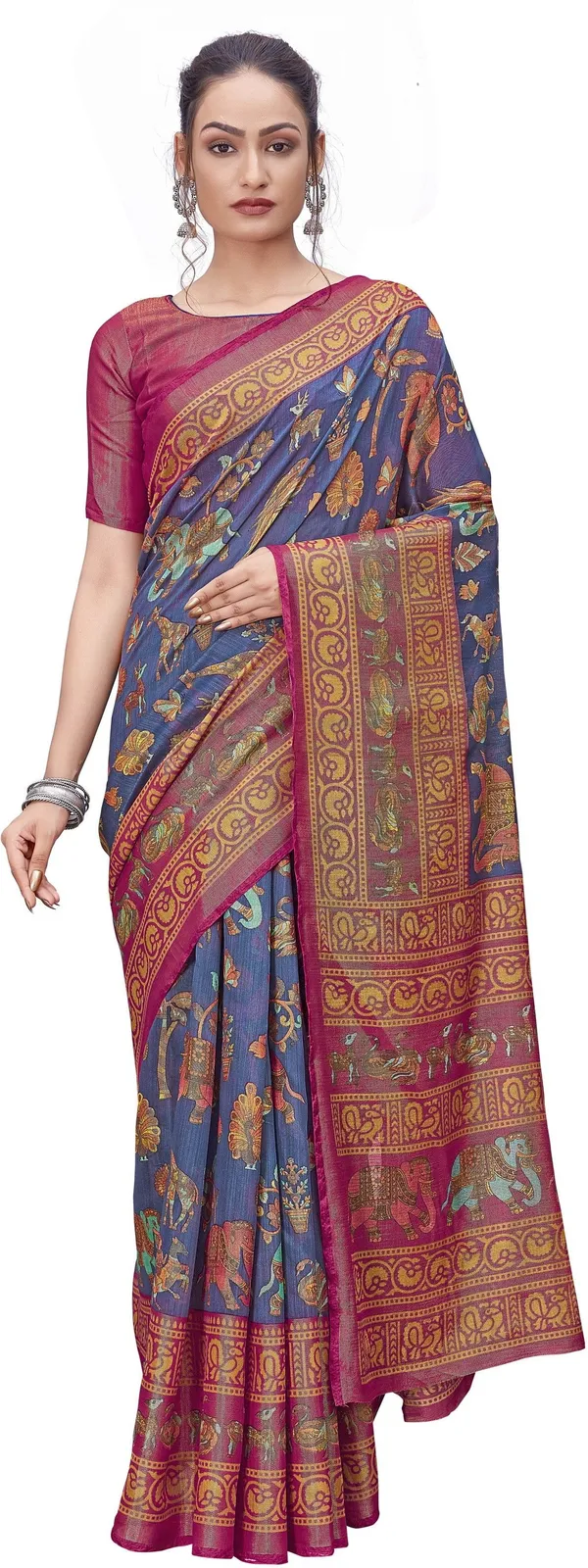 Red_Blue_Brasso_Kalamkari_Printed_Saree_For_Women_|_With_Blouse_Piece