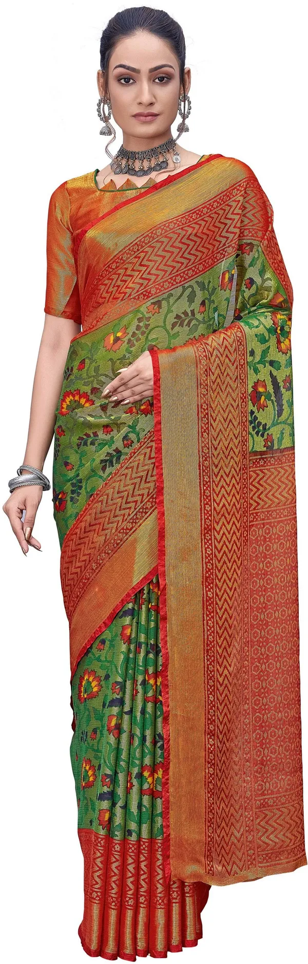 Sariya_Red_Green_Brasso_Ikkat_Printed_Saree_For_Women_|_With_Blouse_Piece