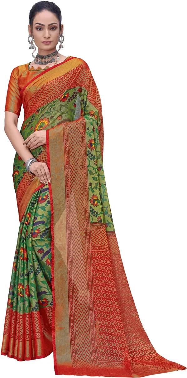 Sariya_Red_Green_Brasso_Ikkat_Printed_Saree_For_Women_|_With_Blouse_Piece