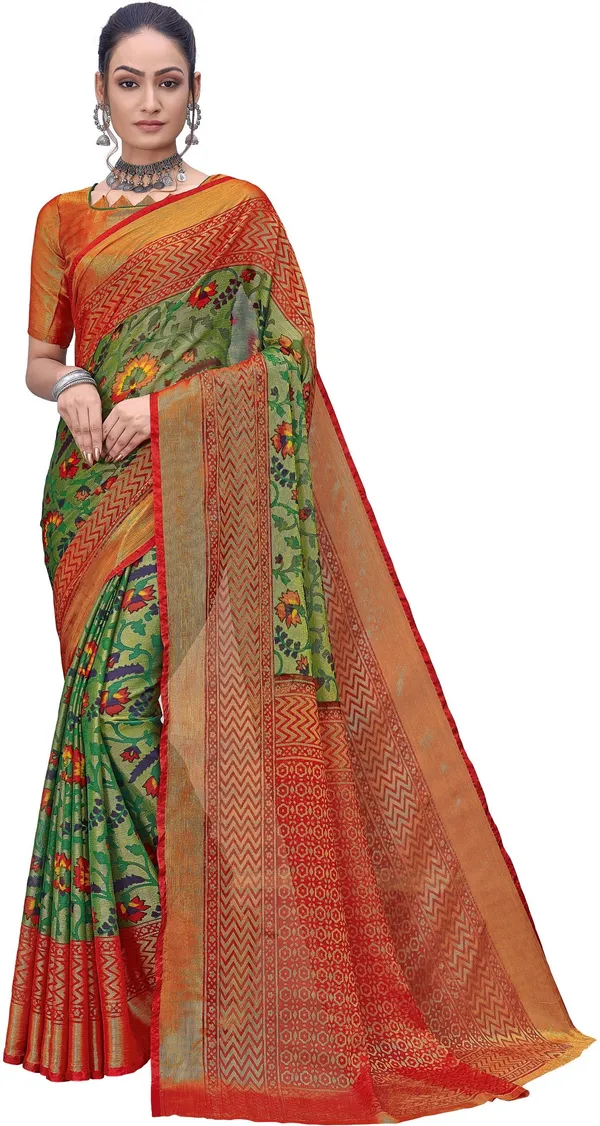 Sariya_Red_Green_Brasso_Ikkat_Printed_Saree_For_Women_|_With_Blouse_Piece