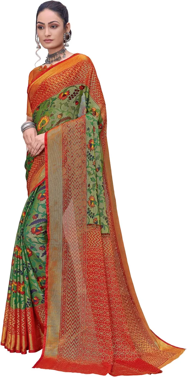 Sariya_Red_Green_Brasso_Ikkat_Printed_Saree_For_Women_|_With_Blouse_Piece