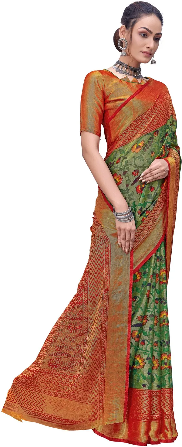 Sariya_Red_Green_Brasso_Ikkat_Printed_Saree_For_Women_|_With_Blouse_Piece