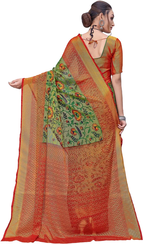Sariya_Red_Green_Brasso_Ikkat_Printed_Saree_For_Women_|_With_Blouse_Piece