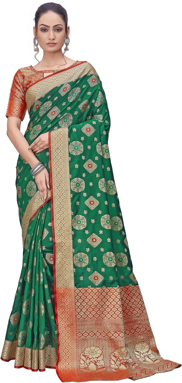 Red_Green_Banarasi_Silk_Blend_Jacquard_Contrast_Border_Saree_For_Women_|_With_Blouse_Piece