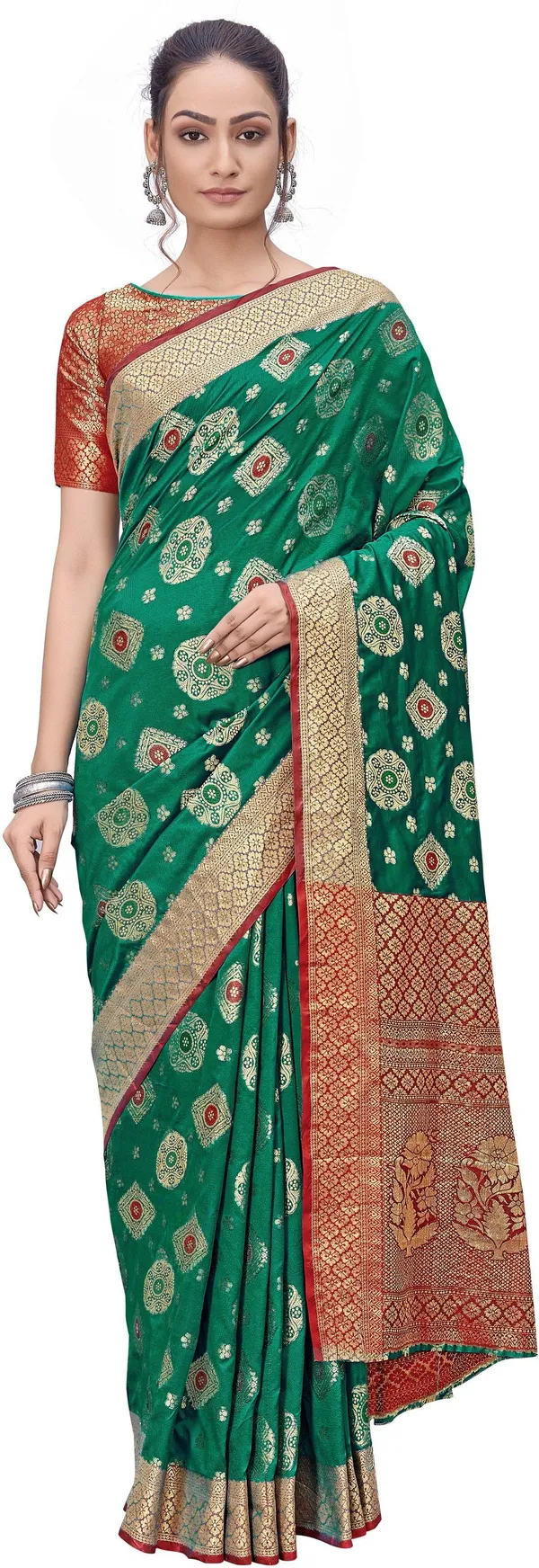 Red_Green_Banarasi_Silk_Blend_Jacquard_Contrast_Border_Saree_For_Women_|_With_Blouse_Piece