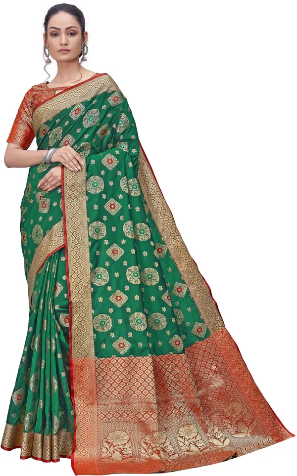 Red_Green_Banarasi_Silk_Blend_Jacquard_Contrast_Border_Saree_For_Women_|_With_Blouse_Piece