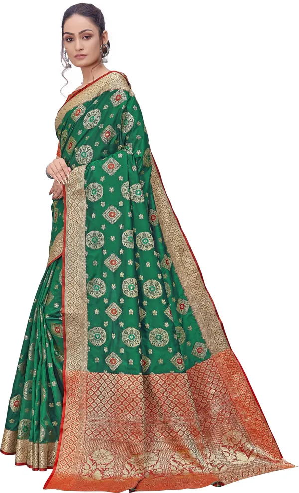 Red_Green_Banarasi_Silk_Blend_Jacquard_Contrast_Border_Saree_For_Women_|_With_Blouse_Piece