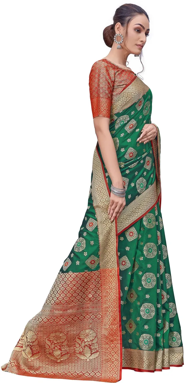 Red_Green_Banarasi_Silk_Blend_Jacquard_Contrast_Border_Saree_For_Women_|_With_Blouse_Piece