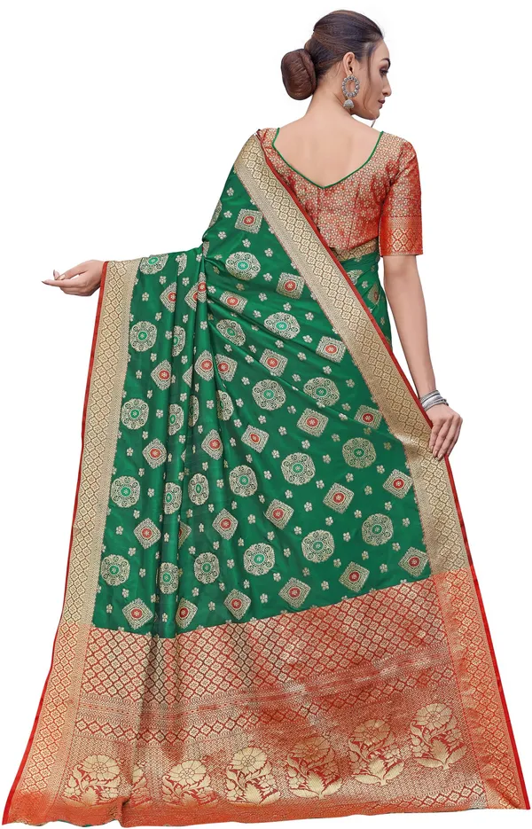 Red_Green_Banarasi_Silk_Blend_Jacquard_Contrast_Border_Saree_For_Women_|_With_Blouse_Piece
