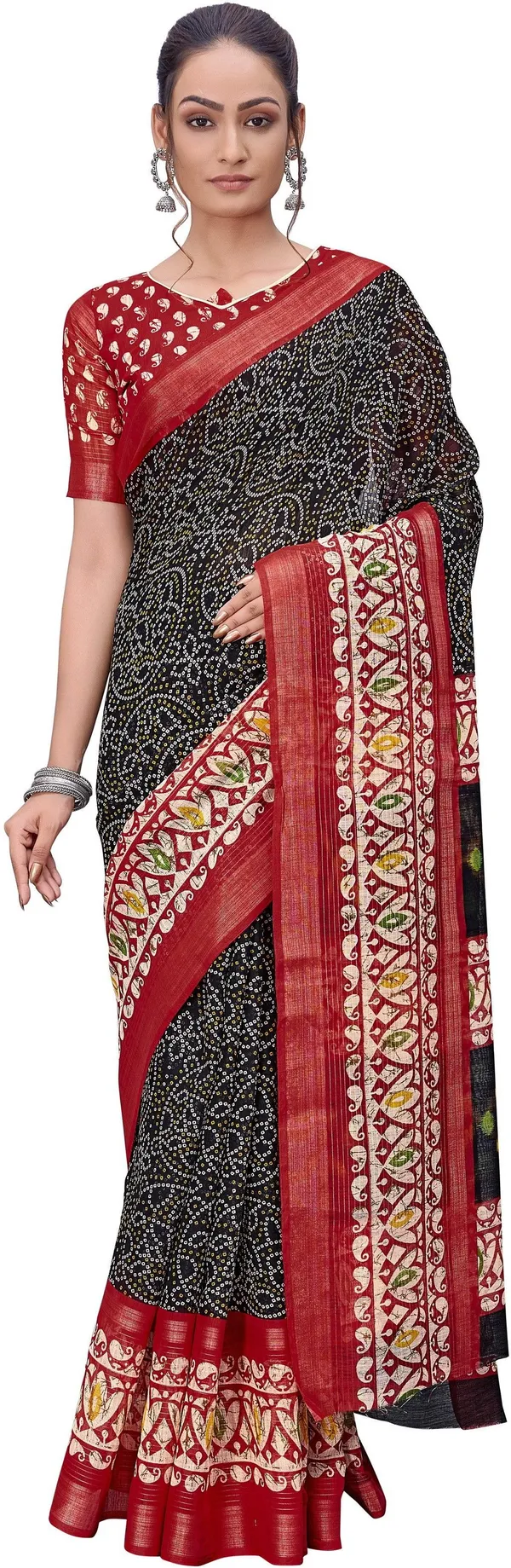 Red_Black_Cotton_Silk_Bandhani_Printed_Rajwadi_Saree_For_Women_|_With_Blouse_Piece
