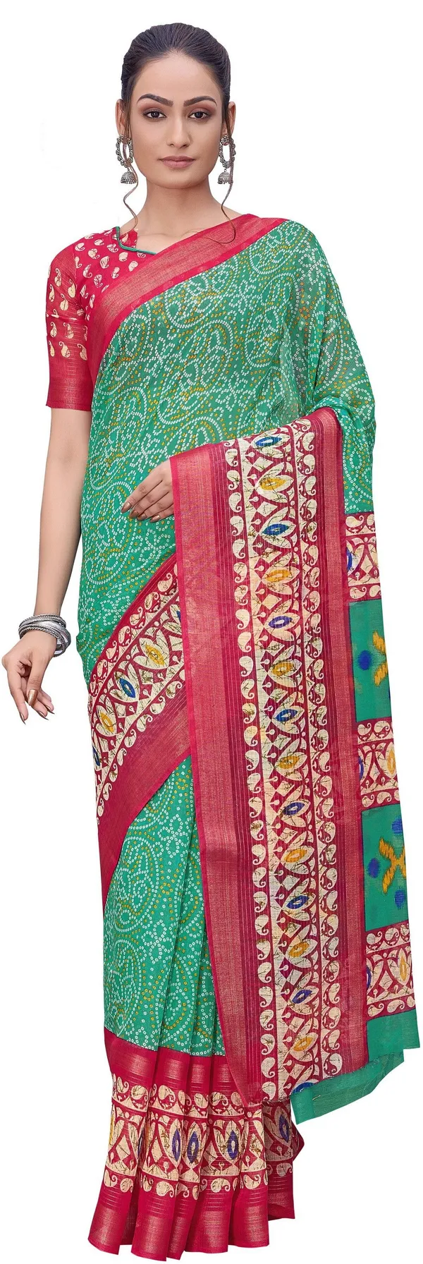 Pink_Light_Green_Cotton_Silk_Printed_Bandhani_Saree_For_Women_|_With_Blouse_Piece