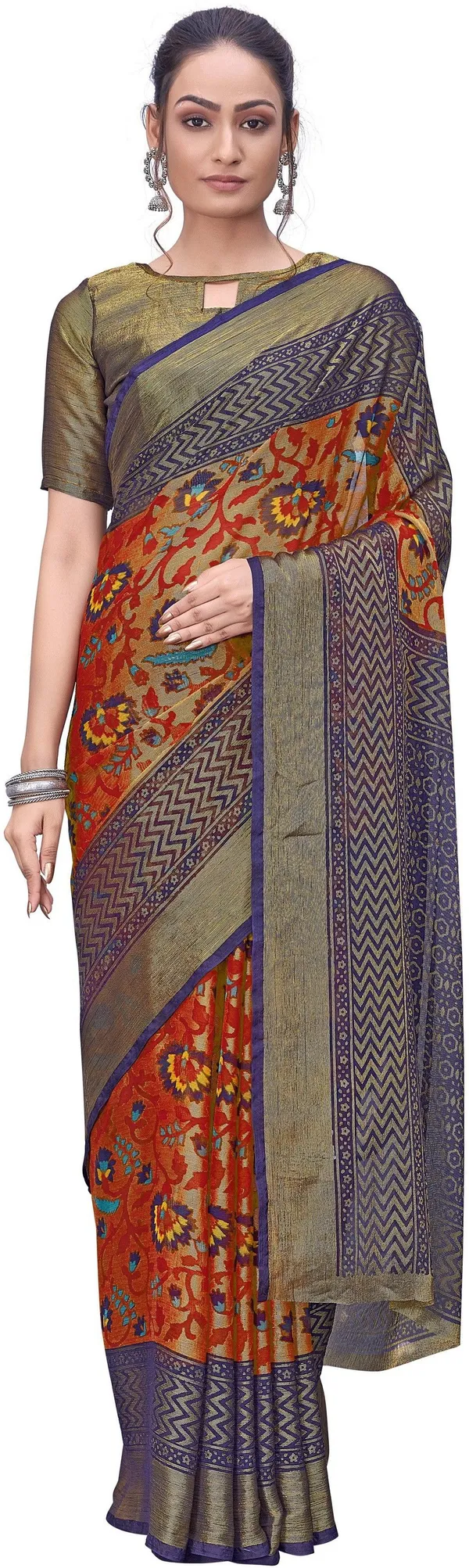Red_Blue_Brasso_Printed_Ikkat_Floral_Jaal_Saree_For_Women_|_With_Blouse_Piece