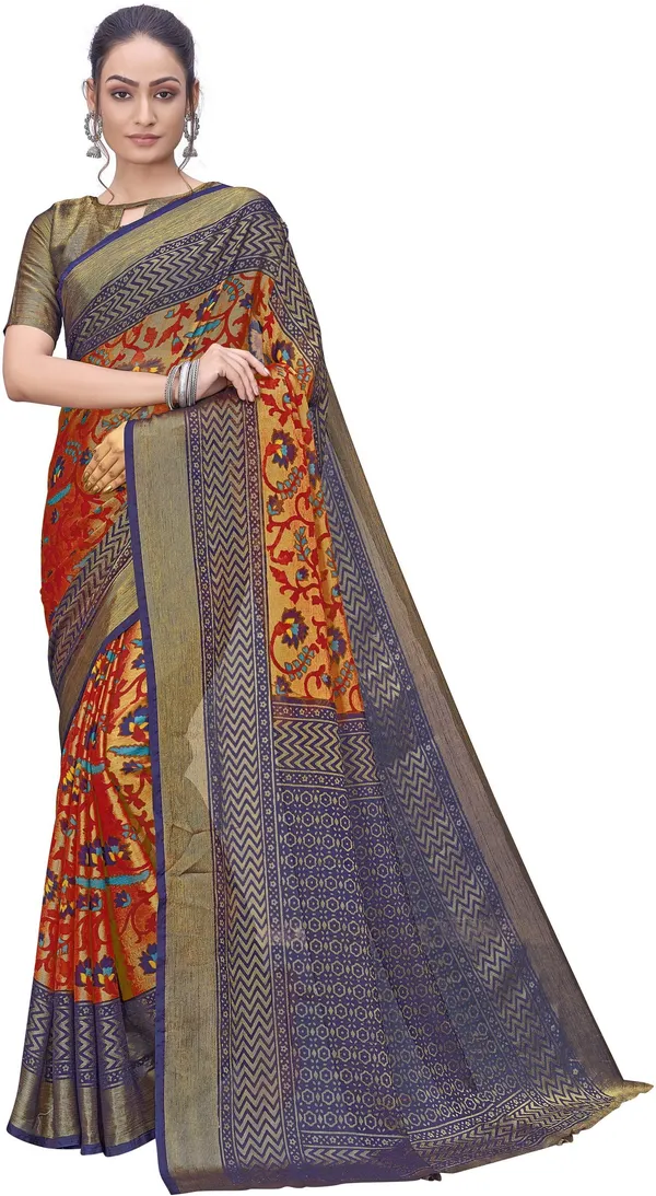 Red_Blue_Brasso_Printed_Ikkat_Floral_Jaal_Saree_For_Women_|_With_Blouse_Piece