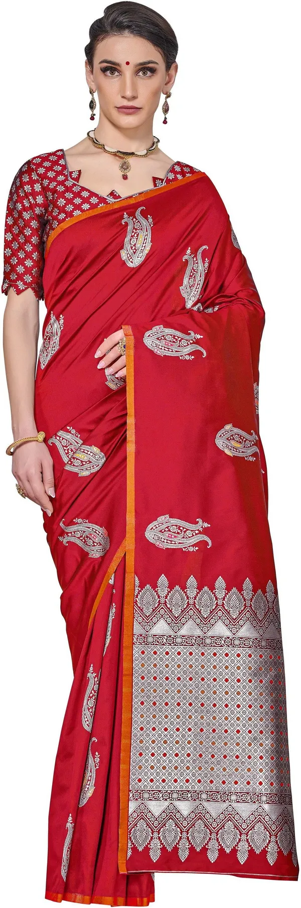 Red_Georgette_Woven_Kanjivaram_Jacquard_Saree_For_Women_|_With_Blouse_Piece