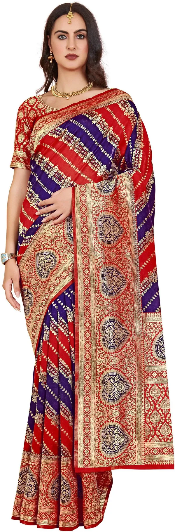 Sariya_Red_Banarasi_Jacquard_Golden_Thread_Floral_Woven_Saree_For_Women_|_With_Blouse_Piece