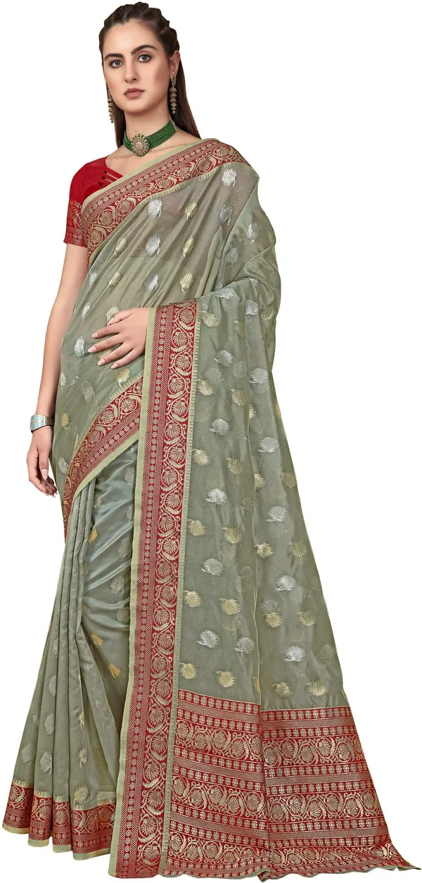 Grey_Organza_Jacquard_Kanjivaram_Woven_Saree_For_Women_|_With_Blouse_Piece