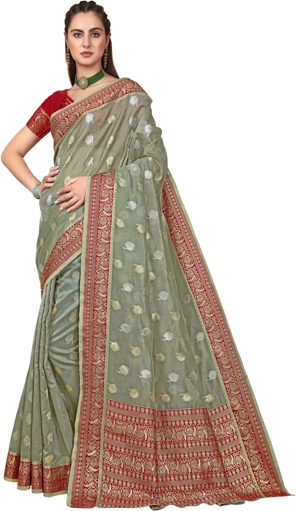Grey_Organza_Jacquard_Kanjivaram_Woven_Saree_For_Women_|_With_Blouse_Piece