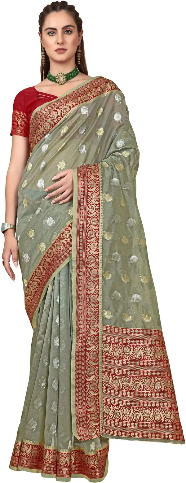 Grey_Organza_Jacquard_Kanjivaram_Woven_Saree_For_Women_|_With_Blouse_Piece