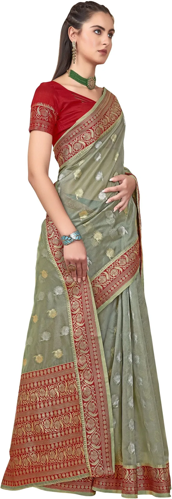 Grey_Organza_Jacquard_Kanjivaram_Woven_Saree_For_Women_|_With_Blouse_Piece