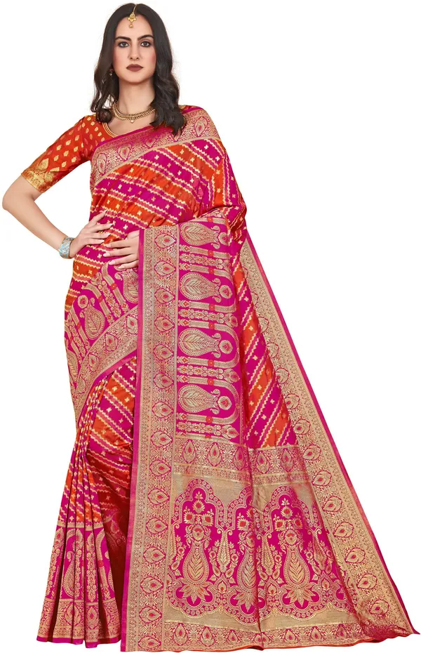 Pink_Orange_Georgette_Jacquard_Banarasi_Woven_Saree_For_Women_|_With_Blouse_Piece