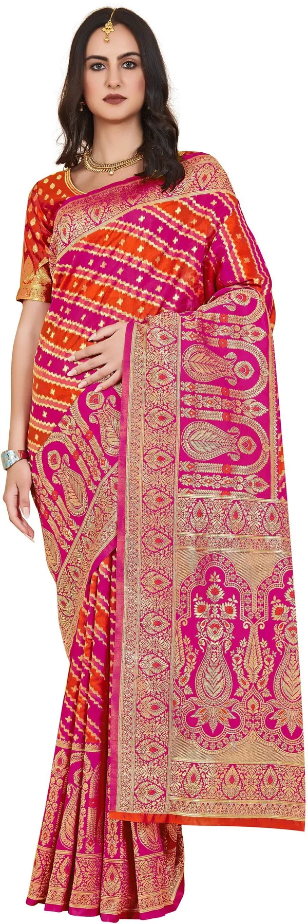 Pink_Orange_Georgette_Jacquard_Banarasi_Woven_Saree_For_Women_|_With_Blouse_Piece