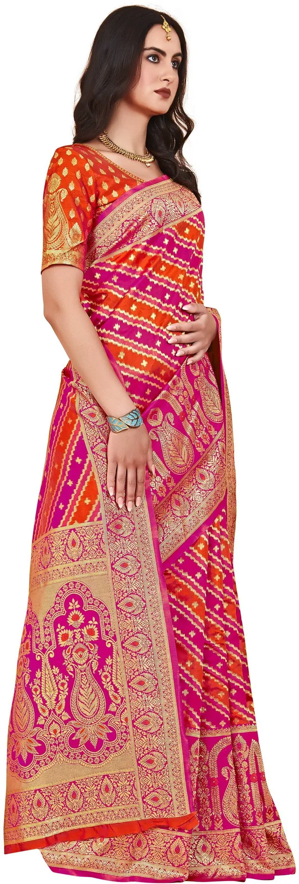 Pink_Orange_Georgette_Jacquard_Banarasi_Woven_Saree_For_Women_|_With_Blouse_Piece