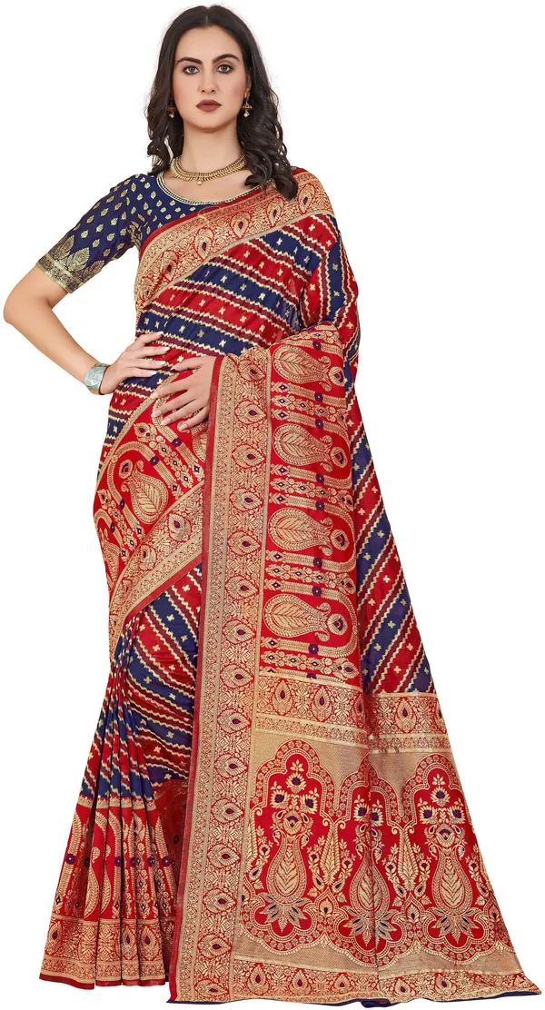 Dark_Blue_Banarasi_Silk_Jacquard_Golden_Zari_Floral_Butti_Saree_For_Women_|_With_Blouse_Piece
