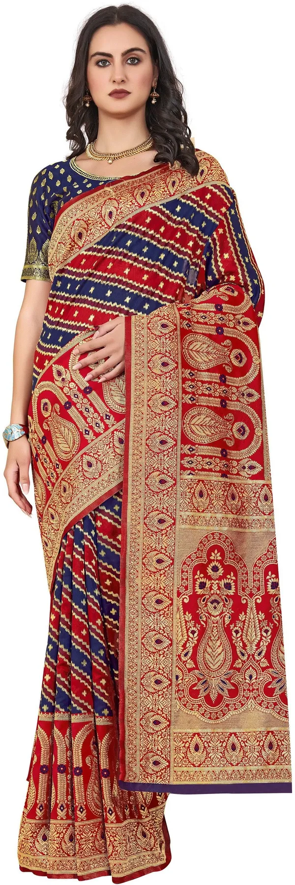 Dark_Blue_Banarasi_Silk_Jacquard_Golden_Zari_Floral_Butti_Saree_For_Women_|_With_Blouse_Piece