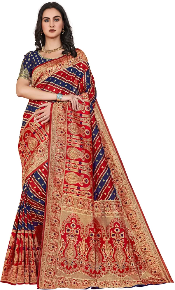 Dark_Blue_Banarasi_Silk_Jacquard_Golden_Zari_Floral_Butti_Saree_For_Women_|_With_Blouse_Piece