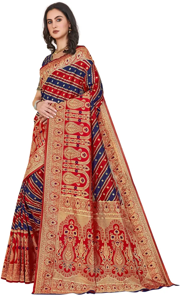 Dark_Blue_Banarasi_Silk_Jacquard_Golden_Zari_Floral_Butti_Saree_For_Women_|_With_Blouse_Piece