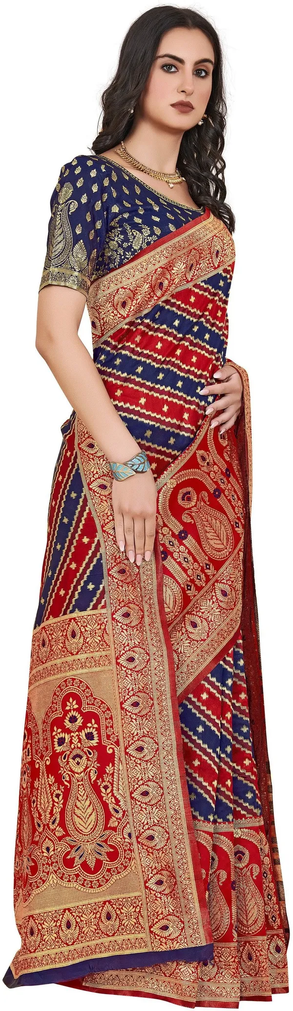 Dark_Blue_Banarasi_Silk_Jacquard_Golden_Zari_Floral_Butti_Saree_For_Women_|_With_Blouse_Piece