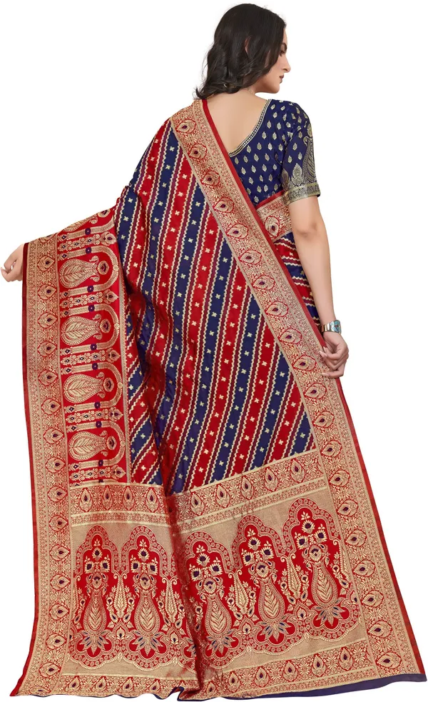 Dark_Blue_Banarasi_Silk_Jacquard_Golden_Zari_Floral_Butti_Saree_For_Women_|_With_Blouse_Piece
