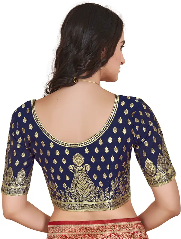 Dark_Blue_Banarasi_Silk_Jacquard_Golden_Zari_Floral_Butti_Saree_For_Women_|_With_Blouse_Piece