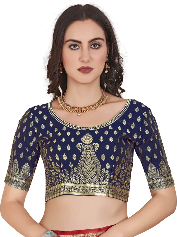 Dark_Blue_Banarasi_Silk_Jacquard_Golden_Zari_Floral_Butti_Saree_For_Women_|_With_Blouse_Piece