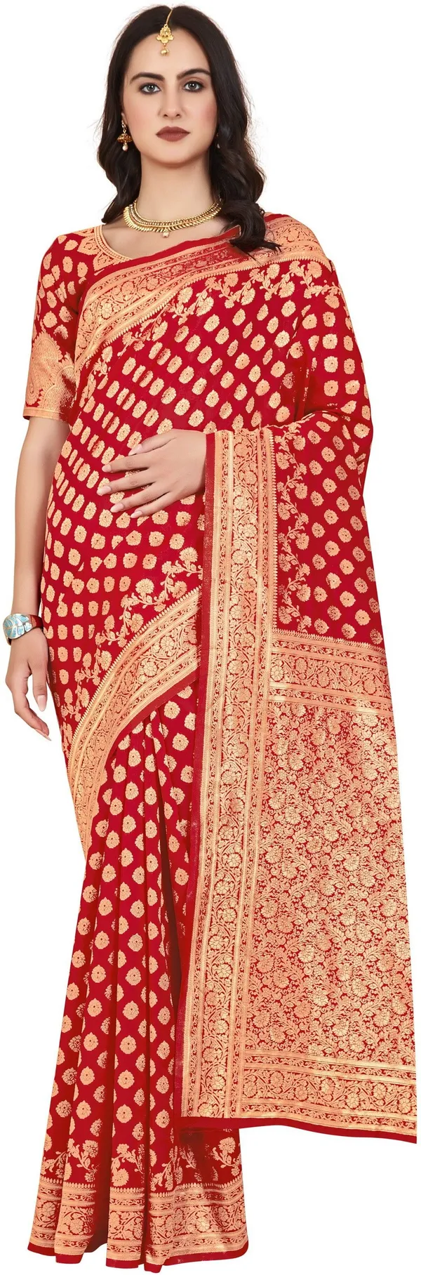 Red_Georgette_Woven_Banarasi_Jacquard_Saree_For_Women_|_With_Blouse_Piece