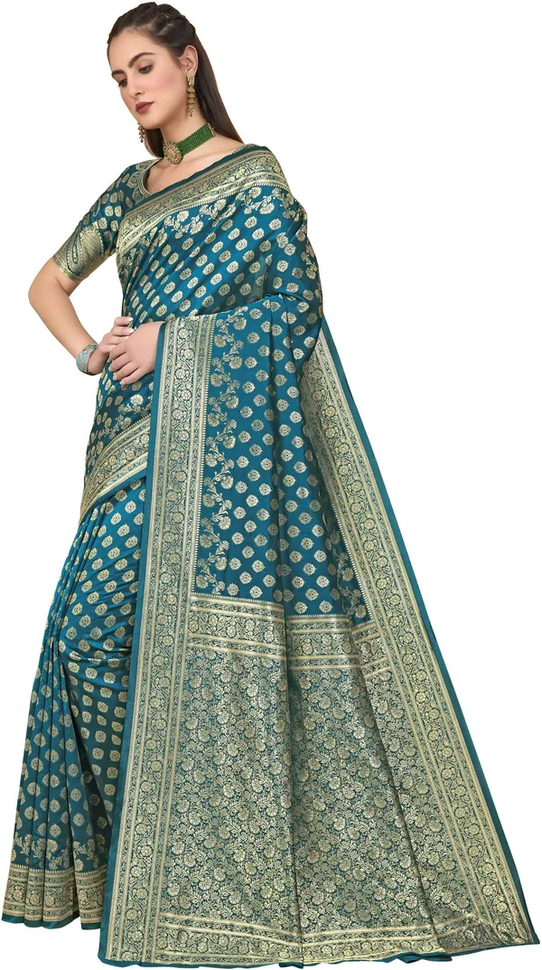 Light_Blue_Georgette_Woven_Banarasi_Golden_Thread_Jacquard_Saree_For_Women_|_With_Blouse_Piece