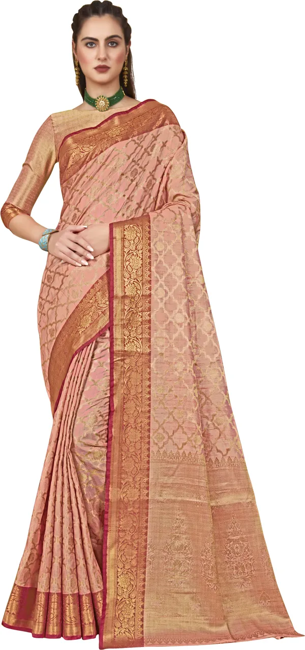 Peach_Banarasi_Silk_Jacquard_Golden_Zari_Butta_Motif_Woven_Saree_For_Women_|_With_Blouse_Piece