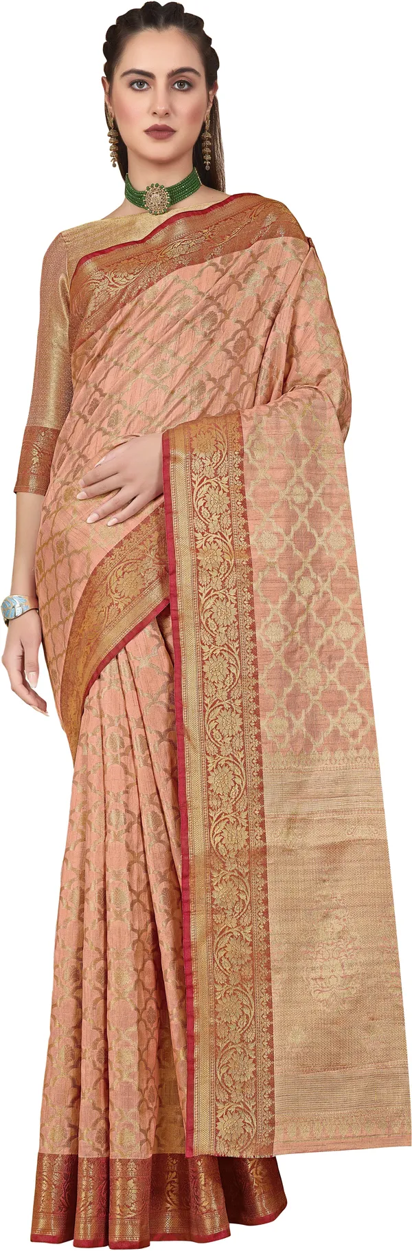 Peach_Banarasi_Silk_Jacquard_Golden_Zari_Butta_Motif_Woven_Saree_For_Women_|_With_Blouse_Piece