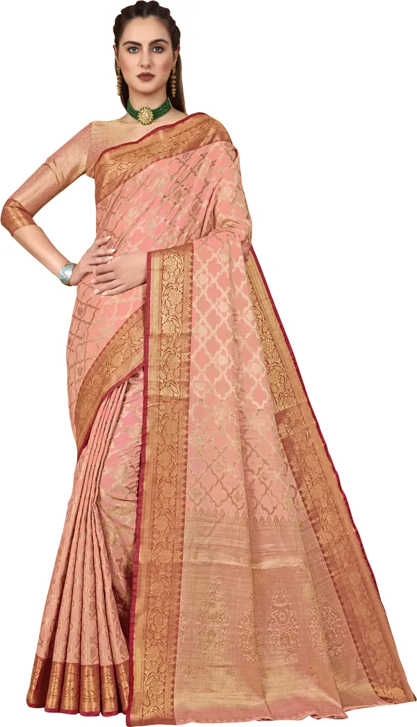 Peach_Banarasi_Silk_Jacquard_Golden_Zari_Butta_Motif_Woven_Saree_For_Women_|_With_Blouse_Piece