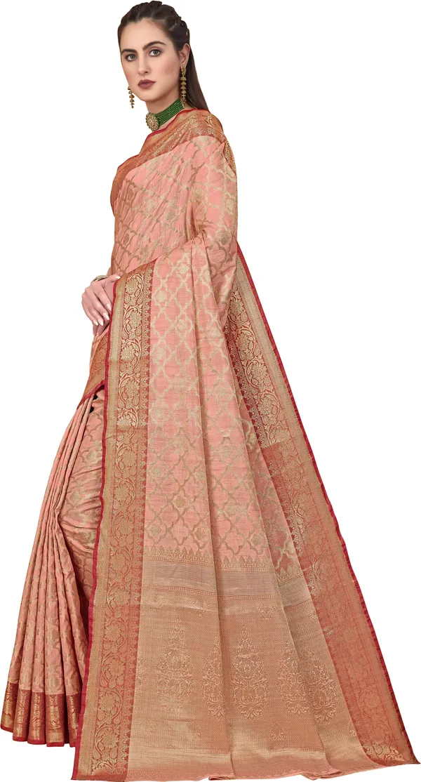Peach_Banarasi_Silk_Jacquard_Golden_Zari_Butta_Motif_Woven_Saree_For_Women_|_With_Blouse_Piece