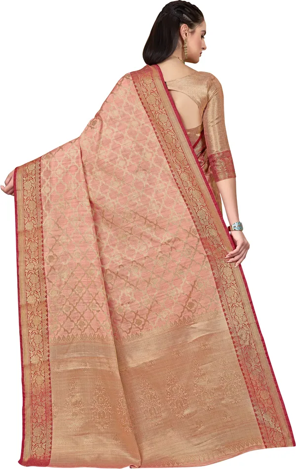 Peach_Banarasi_Silk_Jacquard_Golden_Zari_Butta_Motif_Woven_Saree_For_Women_|_With_Blouse_Piece