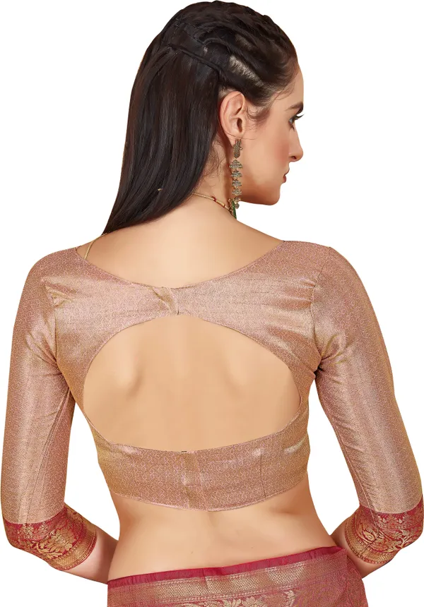 Peach_Banarasi_Silk_Jacquard_Golden_Zari_Butta_Motif_Woven_Saree_For_Women_|_With_Blouse_Piece